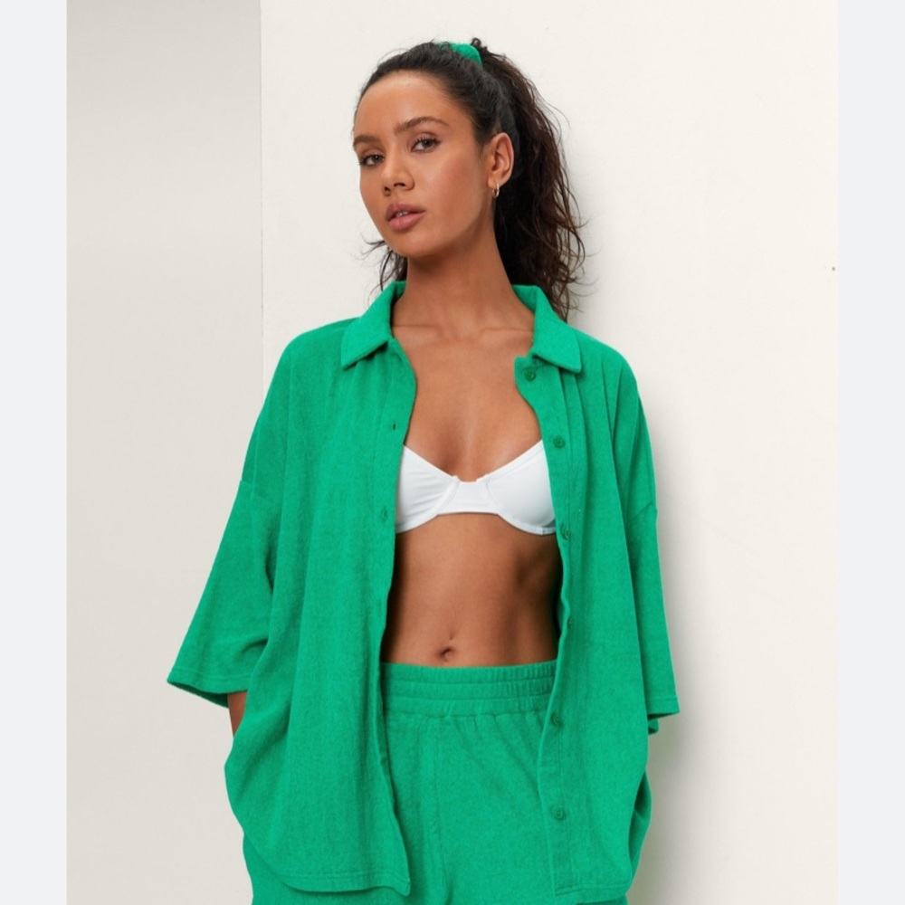 Nasty Gal green terry shirt toweling top button down swimsuit coverup size 2